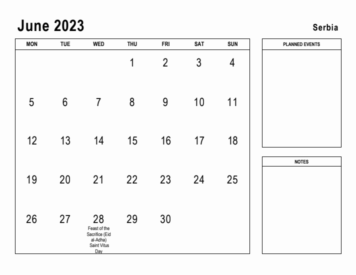 June 2023 Printable Monthly Calendar with Serbia Holidays