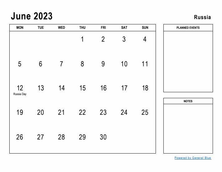 June 2023 Printable Monthly Calendar with Russia Holidays