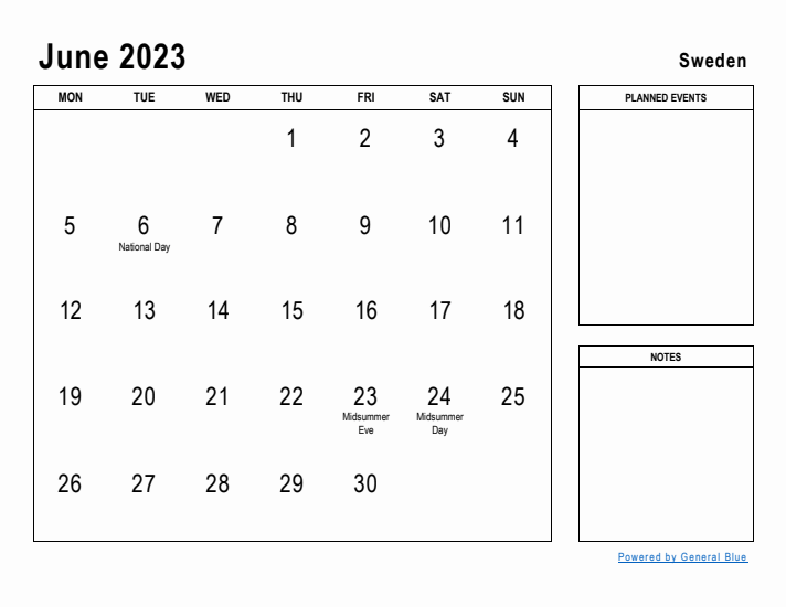 June 2023 Printable Monthly Calendar with Sweden Holidays