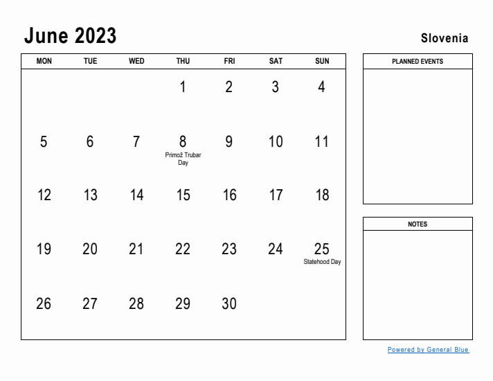 June 2023 Printable Monthly Calendar with Slovenia Holidays