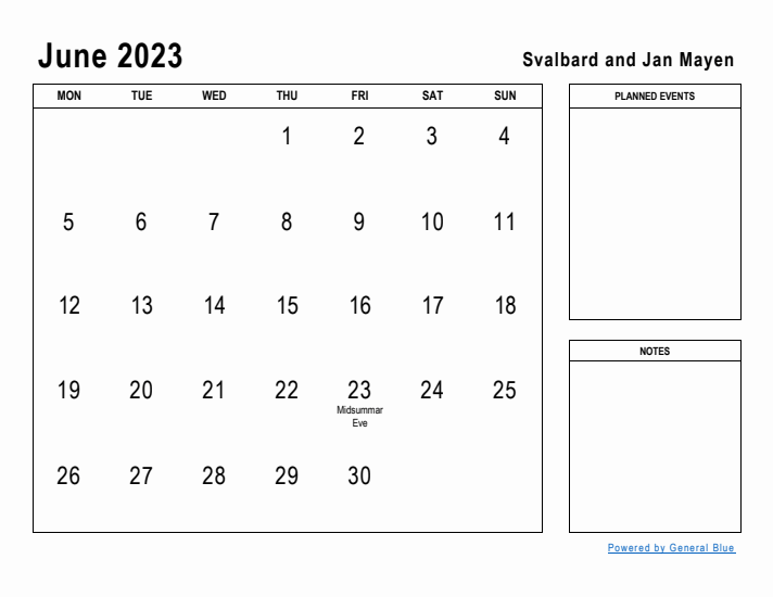 June 2023 Printable Monthly Calendar with Svalbard and Jan Mayen Holidays