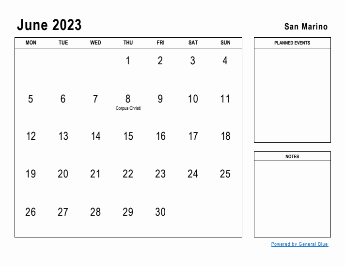 June 2023 Printable Monthly Calendar with San Marino Holidays