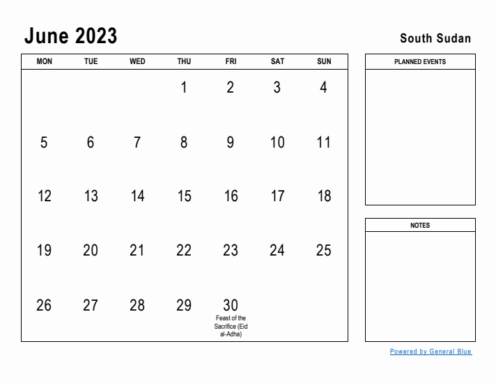 June 2023 Printable Monthly Calendar with South Sudan Holidays