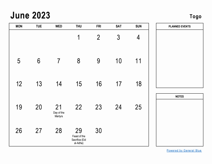 June 2023 Printable Monthly Calendar with Togo Holidays