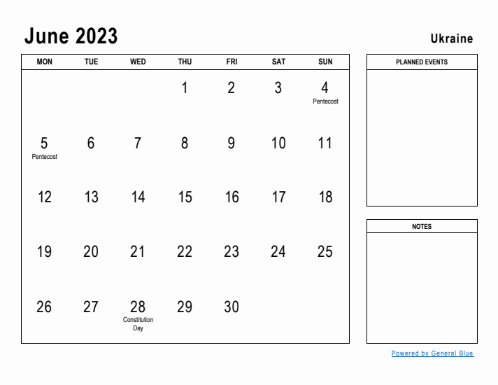 June 2023 Printable Monthly Calendar with Ukraine Holidays