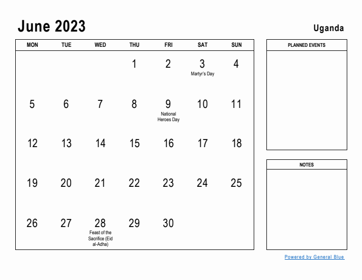 June 2023 Printable Monthly Calendar with Uganda Holidays