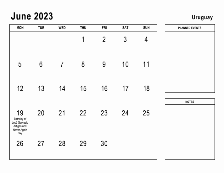 June 2023 Printable Monthly Calendar with Uruguay Holidays