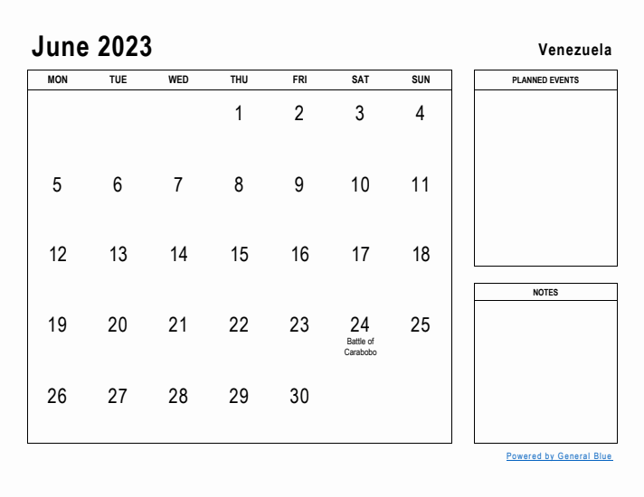 June 2023 Printable Monthly Calendar with Venezuela Holidays