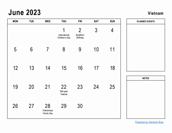 June 2023 Printable Monthly Calendar with Vietnam Holidays