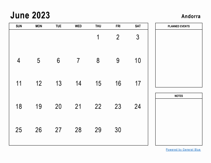 June 2023 Printable Monthly Calendar with Andorra Holidays