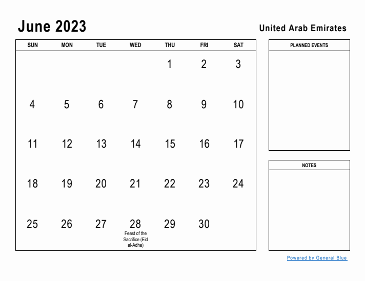 June 2023 Printable Monthly Calendar with United Arab Emirates Holidays