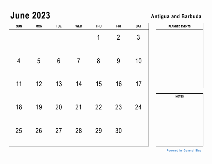 June 2023 Printable Monthly Calendar with Antigua and Barbuda Holidays