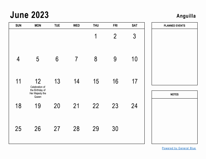 June 2023 Printable Monthly Calendar with Anguilla Holidays