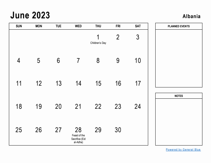 June 2023 Printable Monthly Calendar with Albania Holidays