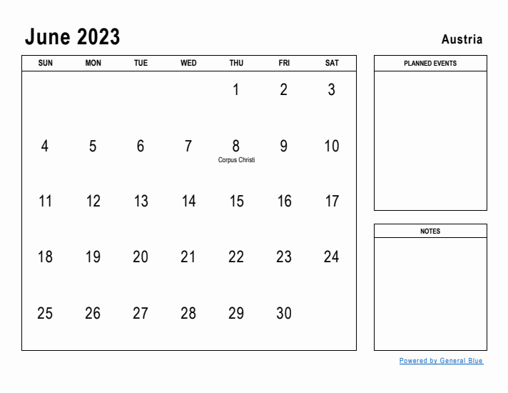 June 2023 Printable Monthly Calendar with Austria Holidays