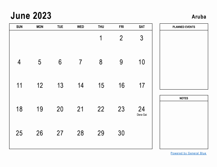 June 2023 Printable Monthly Calendar with Aruba Holidays