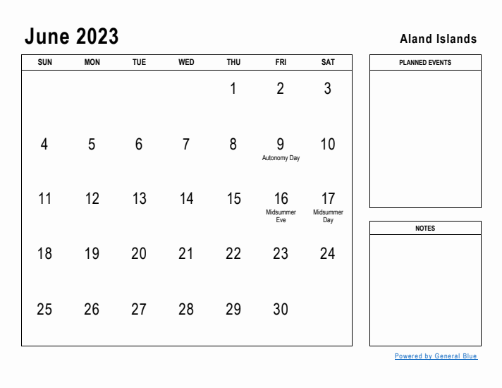 June 2023 Printable Monthly Calendar with Aland Islands Holidays