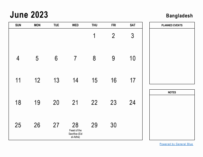 June 2023 Printable Monthly Calendar with Bangladesh Holidays