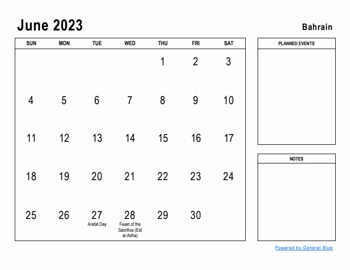 June 2023 Printable Monthly Calendar with Bahrain Holidays