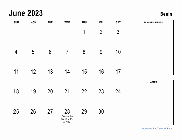 June 2023 Printable Monthly Calendar with Benin Holidays