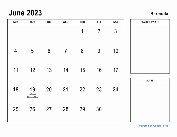 June 2023 Printable Monthly Calendar with Bermuda Holidays