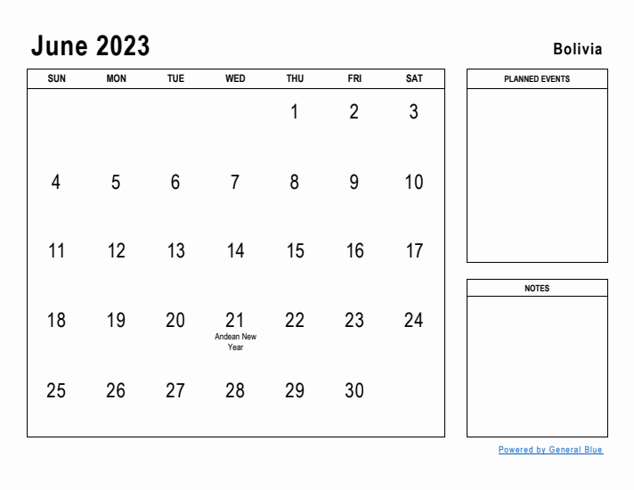 June 2023 Printable Monthly Calendar with Bolivia Holidays