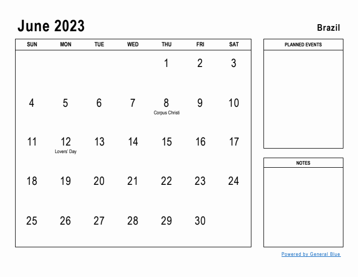 June 2023 Printable Monthly Calendar with Brazil Holidays