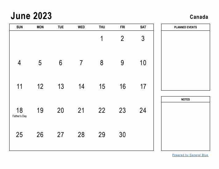 June 2023 Printable Monthly Calendar with Canada Holidays