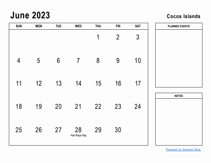 June 2023 Printable Monthly Calendar with Cocos Islands Holidays