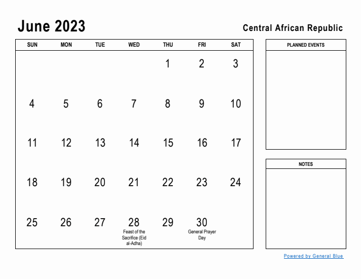 June 2023 Printable Monthly Calendar with Central African Republic Holidays