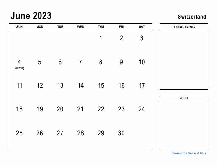 June 2023 Printable Monthly Calendar with Switzerland Holidays