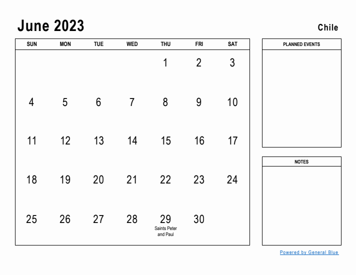 June 2023 Printable Monthly Calendar with Chile Holidays