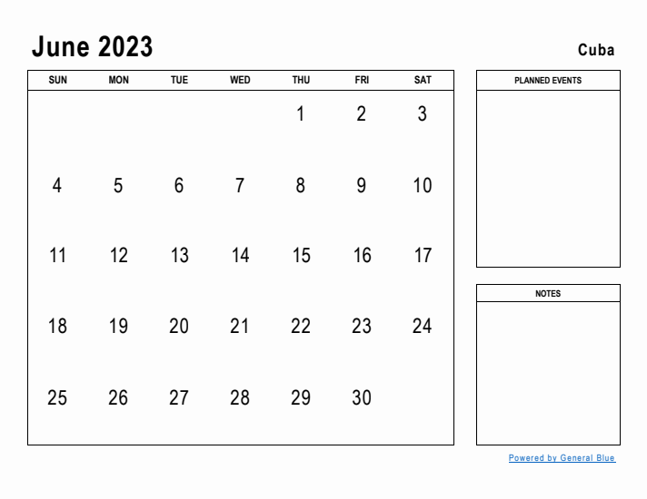 June 2023 Printable Monthly Calendar with Cuba Holidays