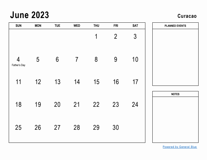 June 2023 Printable Monthly Calendar with Curacao Holidays