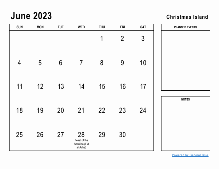 June 2023 Printable Monthly Calendar with Christmas Island Holidays