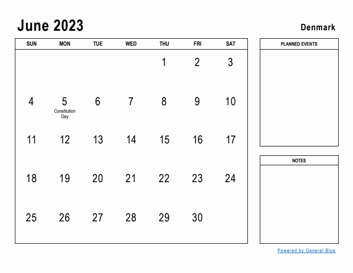 June 2023 Printable Monthly Calendar with Denmark Holidays