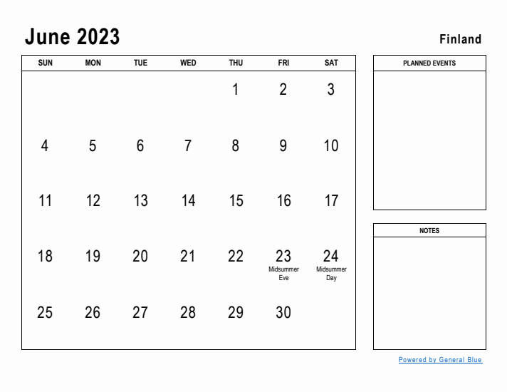 June 2023 Printable Monthly Calendar with Finland Holidays