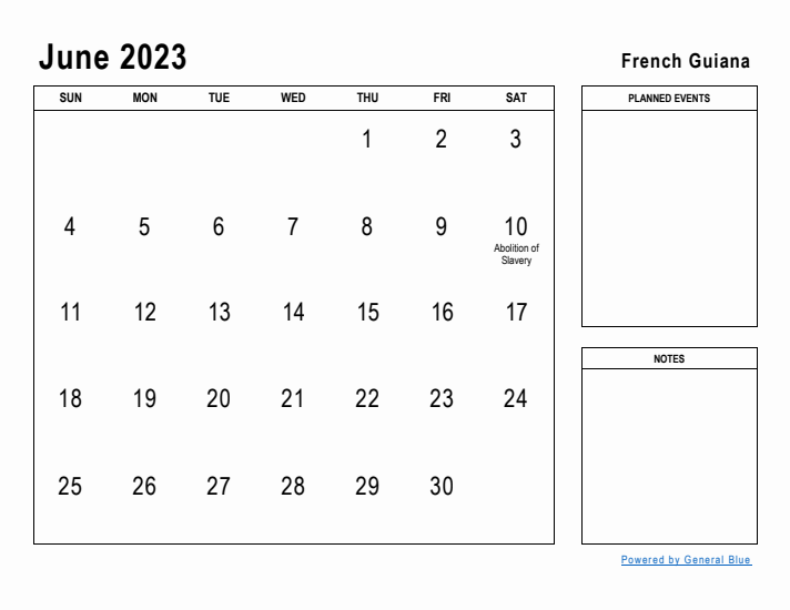 June 2023 Printable Monthly Calendar with French Guiana Holidays