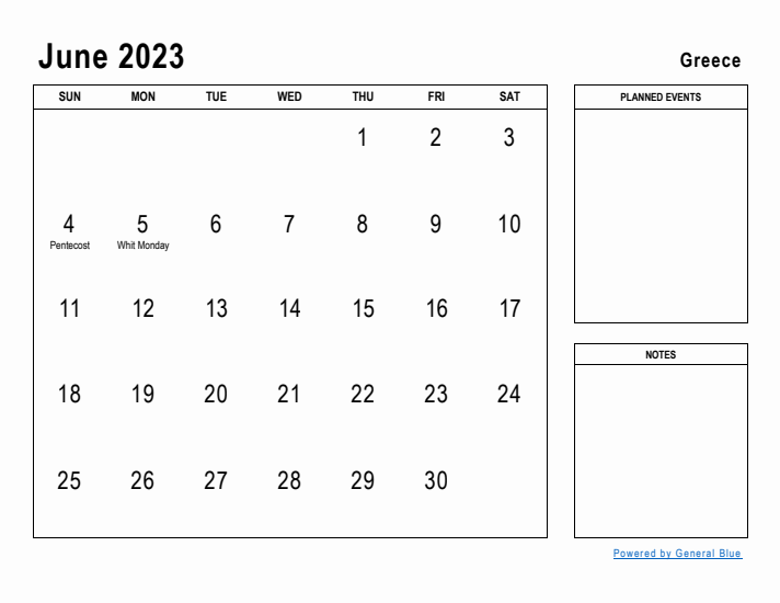 June 2023 Printable Monthly Calendar with Greece Holidays