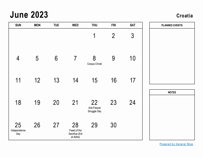 June 2023 Printable Monthly Calendar with Croatia Holidays