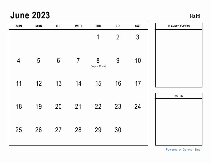 June 2023 Printable Monthly Calendar with Haiti Holidays