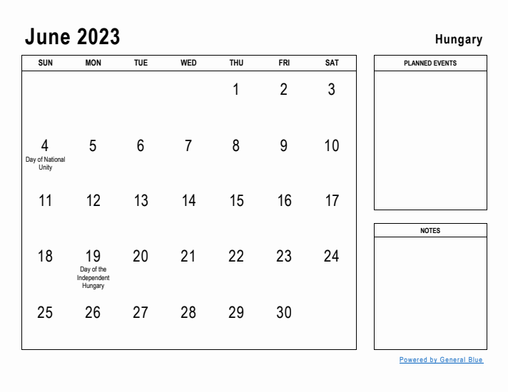 June 2023 Printable Monthly Calendar with Hungary Holidays