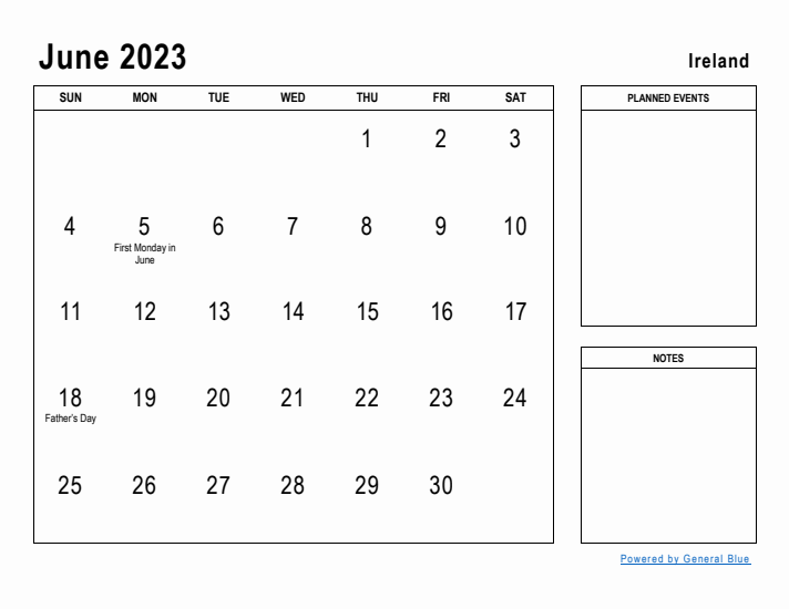 June 2023 Printable Monthly Calendar with Ireland Holidays