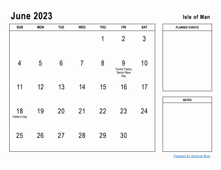 June 2023 Printable Monthly Calendar with Isle of Man Holidays