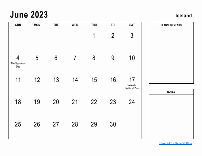 June 2023 Printable Monthly Calendar with Iceland Holidays