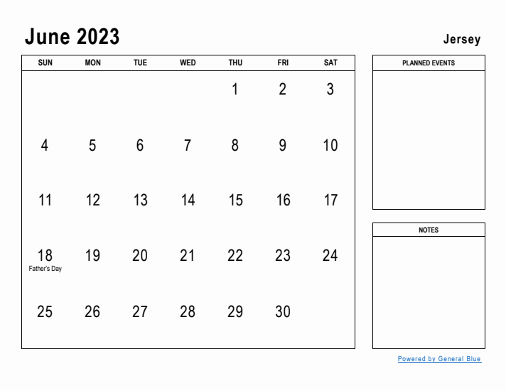 June 2023 Printable Monthly Calendar with Jersey Holidays