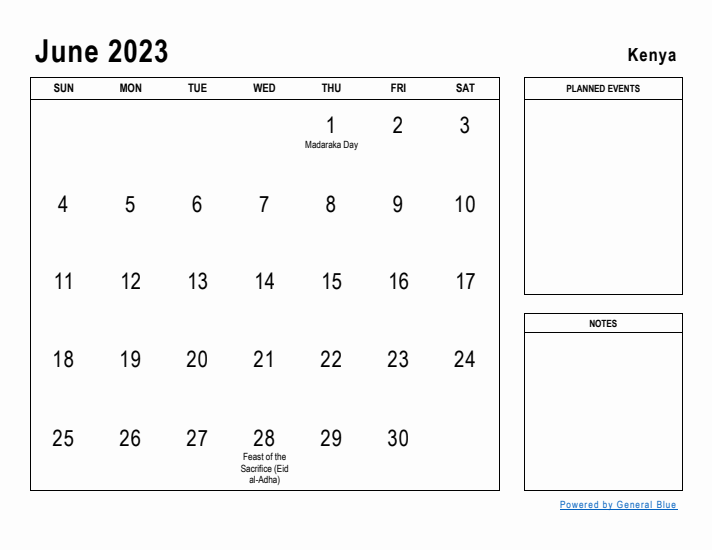 June 2023 Printable Monthly Calendar with Kenya Holidays