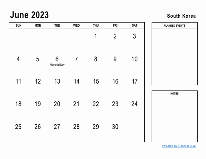 June 2023 Printable Monthly Calendar with South Korea Holidays