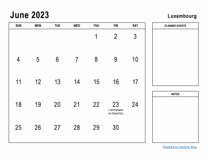 June 2023 Printable Monthly Calendar with Luxembourg Holidays