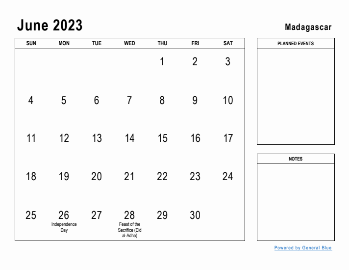 June 2023 Printable Monthly Calendar with Madagascar Holidays